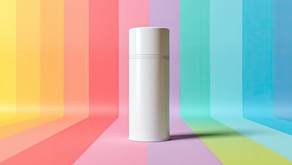 White cylindrical spray can on a rainbow background