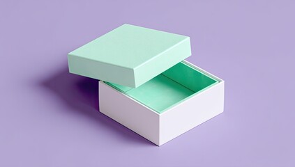 Light mint green and white square box open on a lavender background