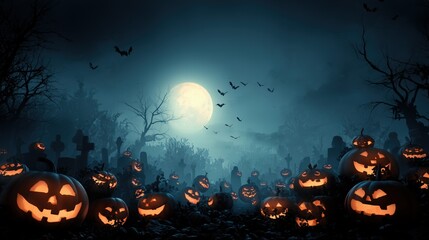 Halloween horror background with scary pumpkin, flying bats, misty moonlight and dead branches, copy space for text, perfect for poster and social media design