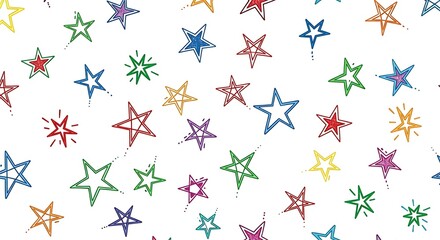 A vibrant pattern of diversely colored star shapes, featuring detailed outlines and decorative accents, creates a joyful and playful design.