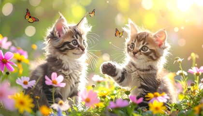 Adorable Kittens in a Flower Garden.