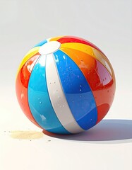 A vibrant beach ball, slightly deflated, rests on a light surface with a small pile of sand beside it, suggesting recent beach play