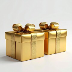 Two gleaming gold gift boxes with metallic bows sit on a light gray background