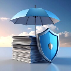 Umbrella, shield, and papers