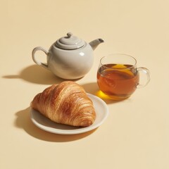 Fresh Croissant with Tea and Teapot on Yellow Background