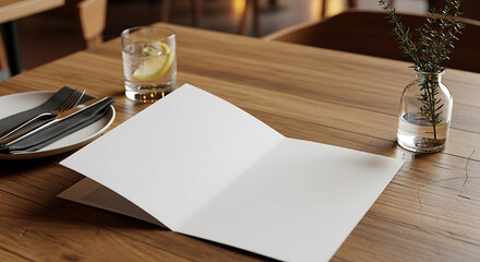 Blank menu sits open on a wooden restaurant table next to silverware, drink, and flower vase, inviting customers to explore the offerings in a cozy atmosphere.
