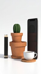 Minimalist still life of a cactus in terracotta pots, pencils, coffee cup, and smartphone on a white background