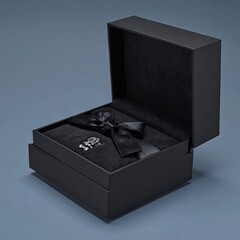 A black, two-tiered gift box with a satin ribbon and dark-colored item inside, sits on a plain blue background