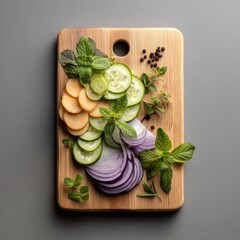 Fresh Vegetable and Herb Arrangement on Wooden Cutting Board