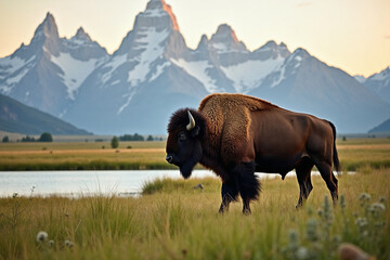 Close-up of a Wild Bison with Canyons in the Background