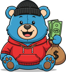 Cute cartoon blue bear, wearing hoodie and beanie hat, holding money bag, funny gangster teddy bear mascot vector illustration