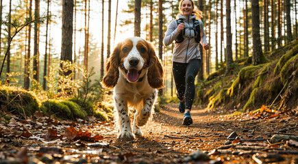 Woman jogging with dog in autumn forest
