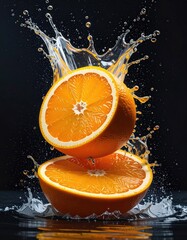 Two juicy orange halves suspended mid-air, creating a dynamic splash against a dark background.  Water droplets are frozen in motion, showcasing vibrant citrus