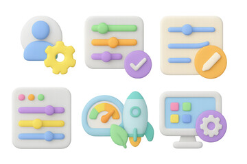 3d colorful interface icons with rocket and settings elements for ui design