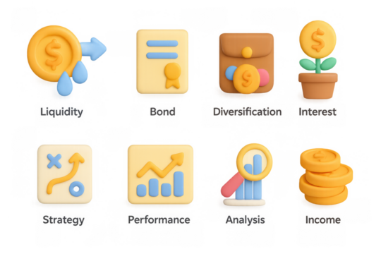 Financial concepts in soft 3d style: liquidity, bonds, and investment strategies