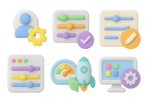 3d colorful interface icons with rocket and settings elements for ui design