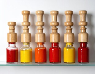 Seven small glass bottles, filled with vibrant red and yellow paints, topped with identical small wooden finials, are arranged on a glass shelf against a white background