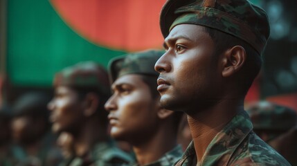 Determined South Asian young male soldiers in camouflage uniforms standing at attention during military ceremony with Bangladesh flag in background