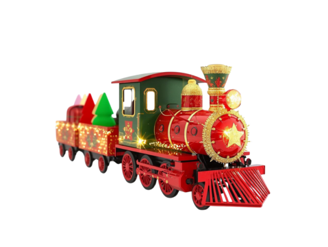  Toy train with Christmas trees isolated on transparent or white background, png