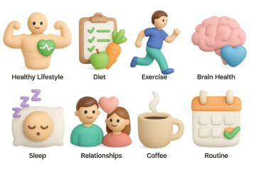 Healthy lifestyle 3d icons: fitness, diet, exercise, and brain health