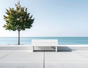 A solitary white bench sits on a paved waterfront path beside a small, leafy tree, overlooking a calm, pale blue sea under a clear sky