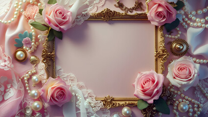 A romantic flat lay with a vintage gold frame, surrounded by soft pink roses, pearl necklaces, and delicate lace on a luxurious pink satin background. Mockup with pink flowers