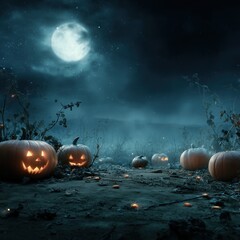 Halloween horror background with scary pumpkin, flying bats, misty moonlight and dead branches, copy space for text, perfect for poster and social media design