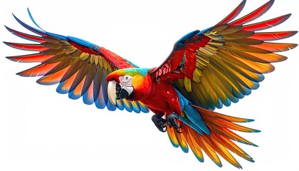 A vibrant scarlet macaw in flight, wings outstretched, showcasing its colorful plumage against a stark white background