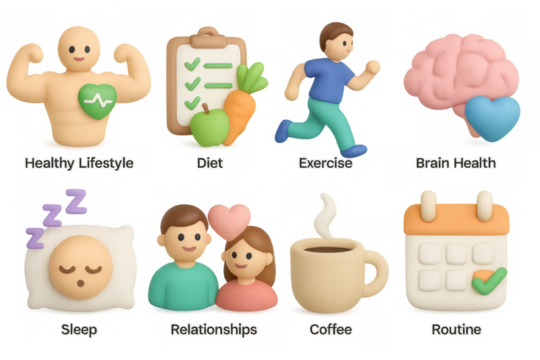 Healthy lifestyle 3d icons: fitness, diet, exercise, and brain health