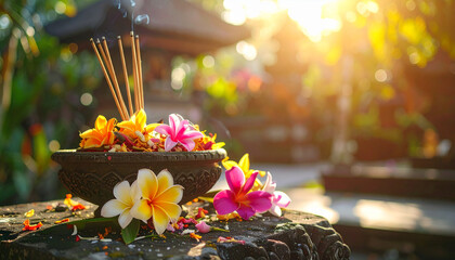 Peaceful Balinese Offering with Plumeria Flowers and Incense Smoke