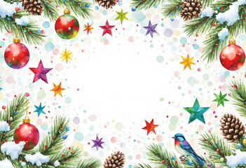 Horizontal Watercolor Holiday Border with Snowy Pine Branches, Ornaments and Blue Bird – Festive Hand-Painted Design