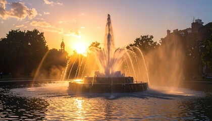 Fototapeta premium A picturesque fountain in a park setting, bathed in golden sunlight at sunset, showcasing vibrant water jets and a serene ambiance.