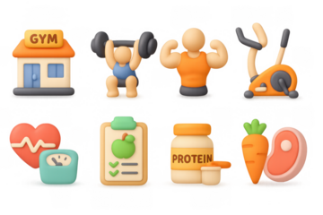 Colorful 3d icons of fitness and nutrition in a modern style