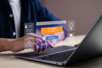Businessman using AI agents on laptop with virtual prompt interface, typing command, generating smart responses and accessing automation tools, representing intelligent technology for modern business