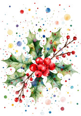 Festive Holly Berries and Leaves with Colorful Confetti – Christmas Watercolor PNG