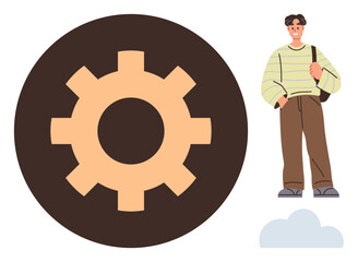 Man wearing casual attire with bag, large gear signifying process and progress, small cloud below. Ideal for technology, teamwork, mechanics, problem-solving, learning, career growth productivity in