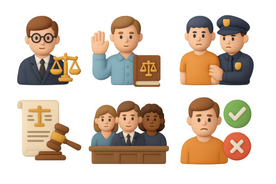 Legal icons set with lawyer, judge, police, and courtroom scenes in 3d cartoon style