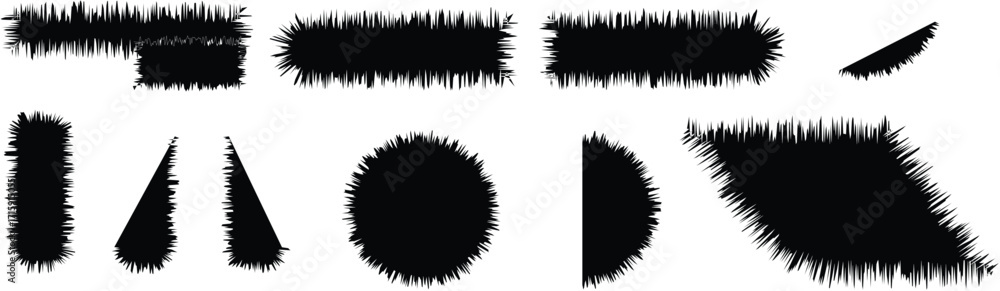Poster a collection of separate, abstract black shapes on a clean white background. each shape—including a 