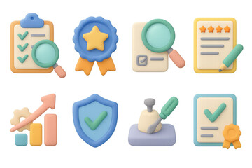 3d icons of business analytics and quality assurance with gradient background