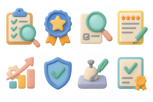 3d icons of business analytics and quality assurance with gradient background