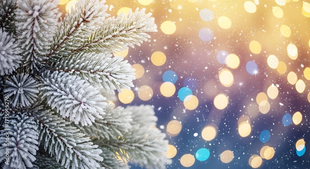 Poster closeup of snowcovered pine tree branch with bokeh lights