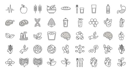 A collection of black and white icons representing various concepts, including food, health, science, and abstract elements isolated on a white background