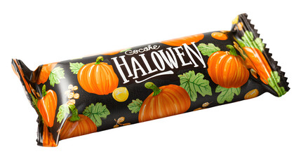 Halloween special edition chocolate bar gift with pumpkin wrapper, isolated on white background