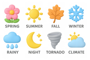 Seasonal and weather icons in soft pastel colors with glow effect