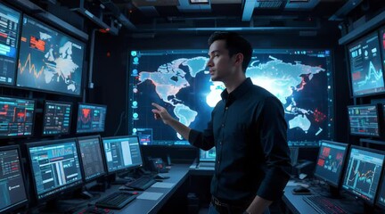 Global Data Analyst Monitoring World Map on Multiple Screens - Powered by Adobe