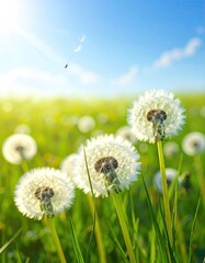 Sunlit field of fluffy white dandelion seed heads, one seed dispersing in the breeze, vibrant green grass, and a clear blue sky