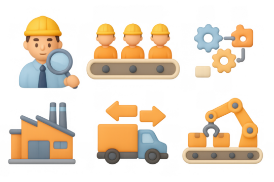 Futuristic industry icons: workers, conveyor, automation, factory, logistics, robotics