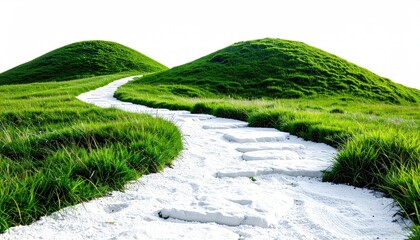A winding light-colored path ascends between two verdant, gently sloping hills under a bright sky