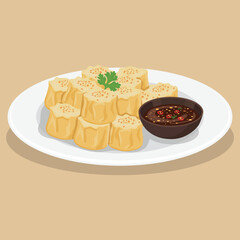 vector flat color of Thai food steamed kanom jeeb (Thai dumplings) garnished with parsley and served with a small bowl of dipping sauce