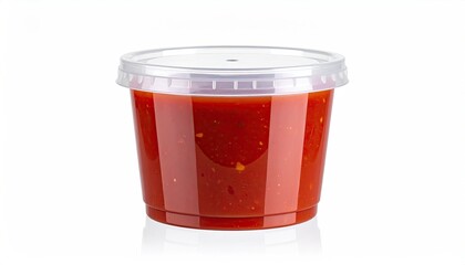 A clear plastic container filled with a vibrant red sauce, sealed with a matching lid, sits on a white background, casting a subtle reflection